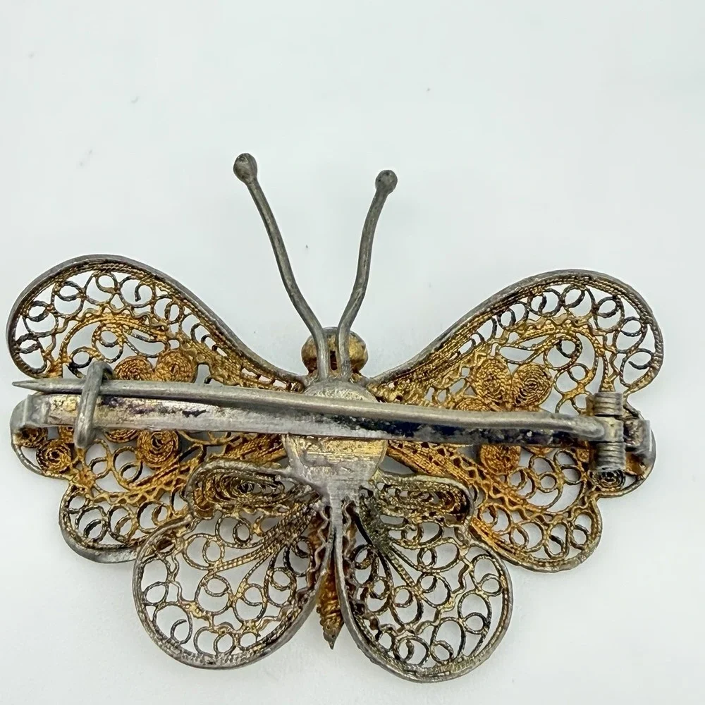 Antique Silver Filigree Butterfly Brooch Pin From Estate Read